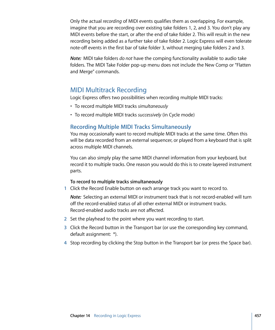 Midi multitrack recording, Recording multiple midi tracks simultaneously, Midi | Multitrack recording | Apple Logic Express 9 User Manual | Page 457 / 1294