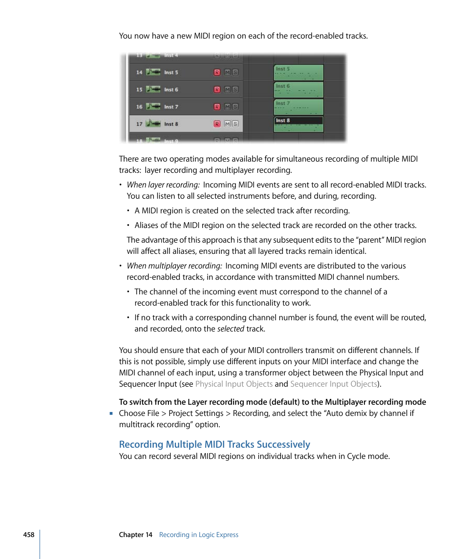 Recording multiple midi tracks successively | Apple Logic Express 9 User Manual | Page 458 / 1294