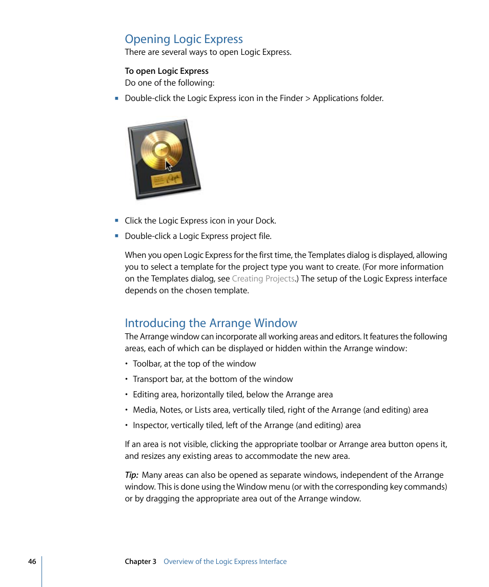 Opening logic express, Introducing the arrange window | Apple Logic Express 9 User Manual | Page 46 / 1294