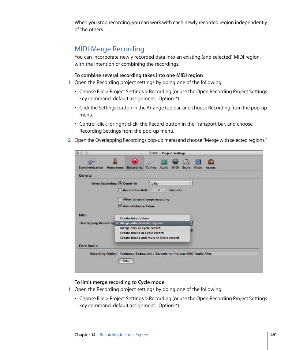 Midi merge recording | Apple Logic Express 9 User Manual | Page 461 / 1294