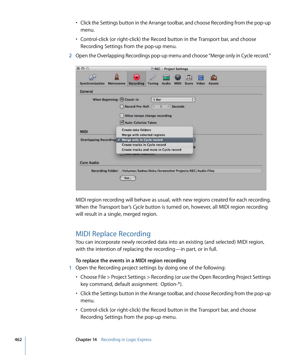 Midi replace recording | Apple Logic Express 9 User Manual | Page 462 / 1294