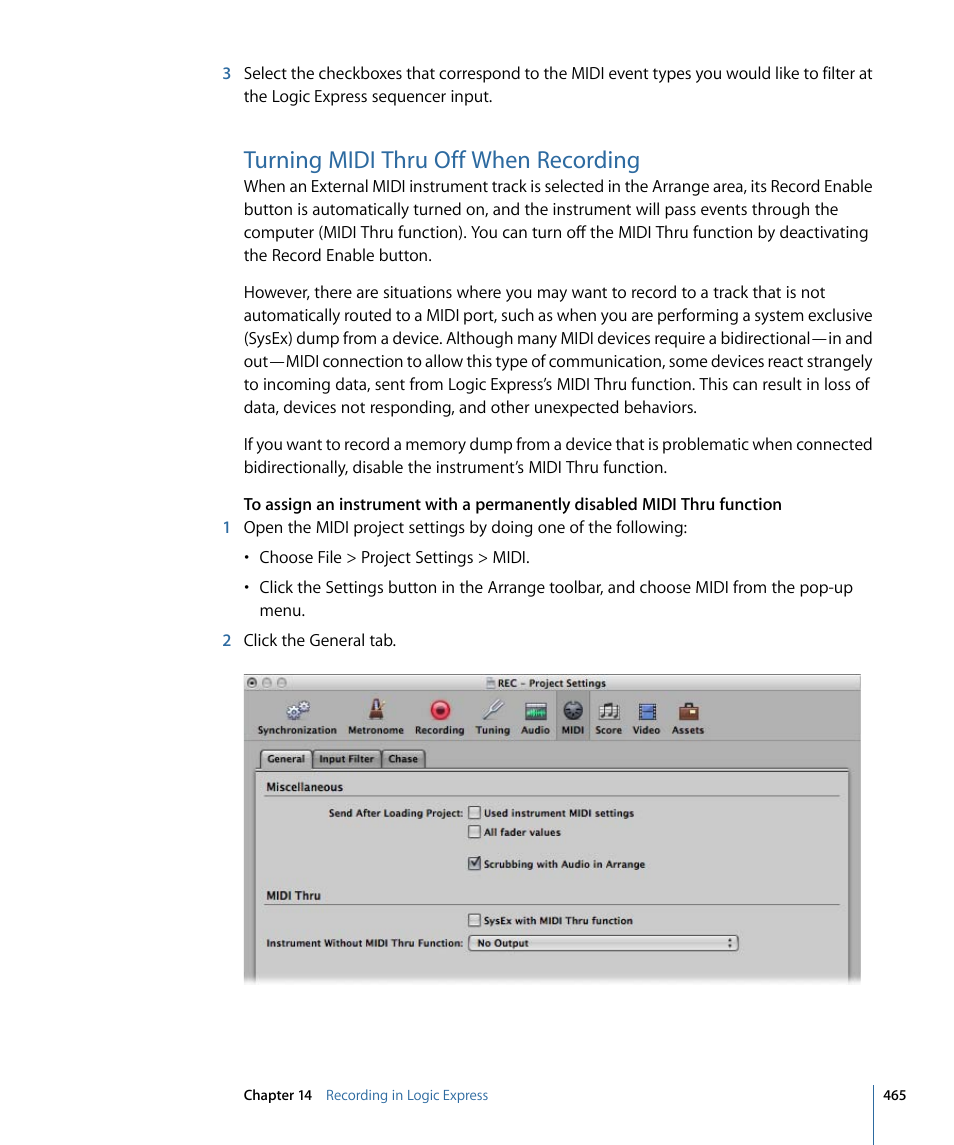 Turning midi thru off when recording | Apple Logic Express 9 User Manual | Page 465 / 1294