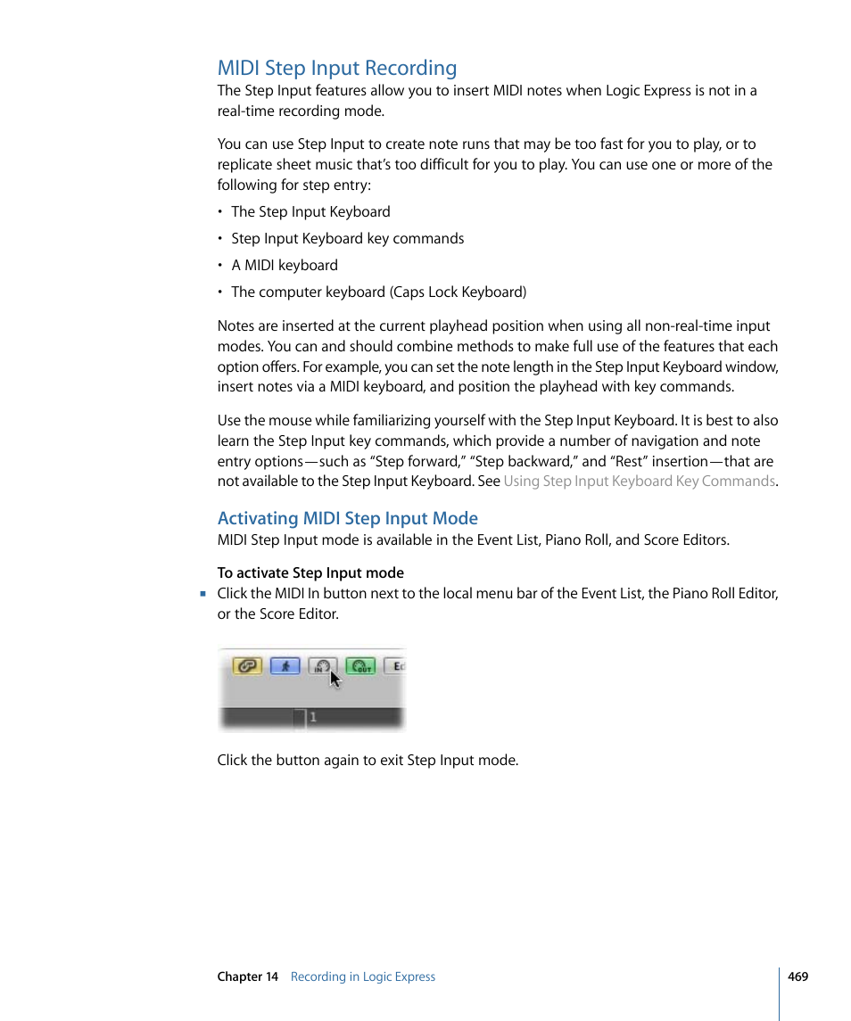 Midi step input recording, Activating midi step input mode, Midi | Step input recording | Apple Logic Express 9 User Manual | Page 469 / 1294