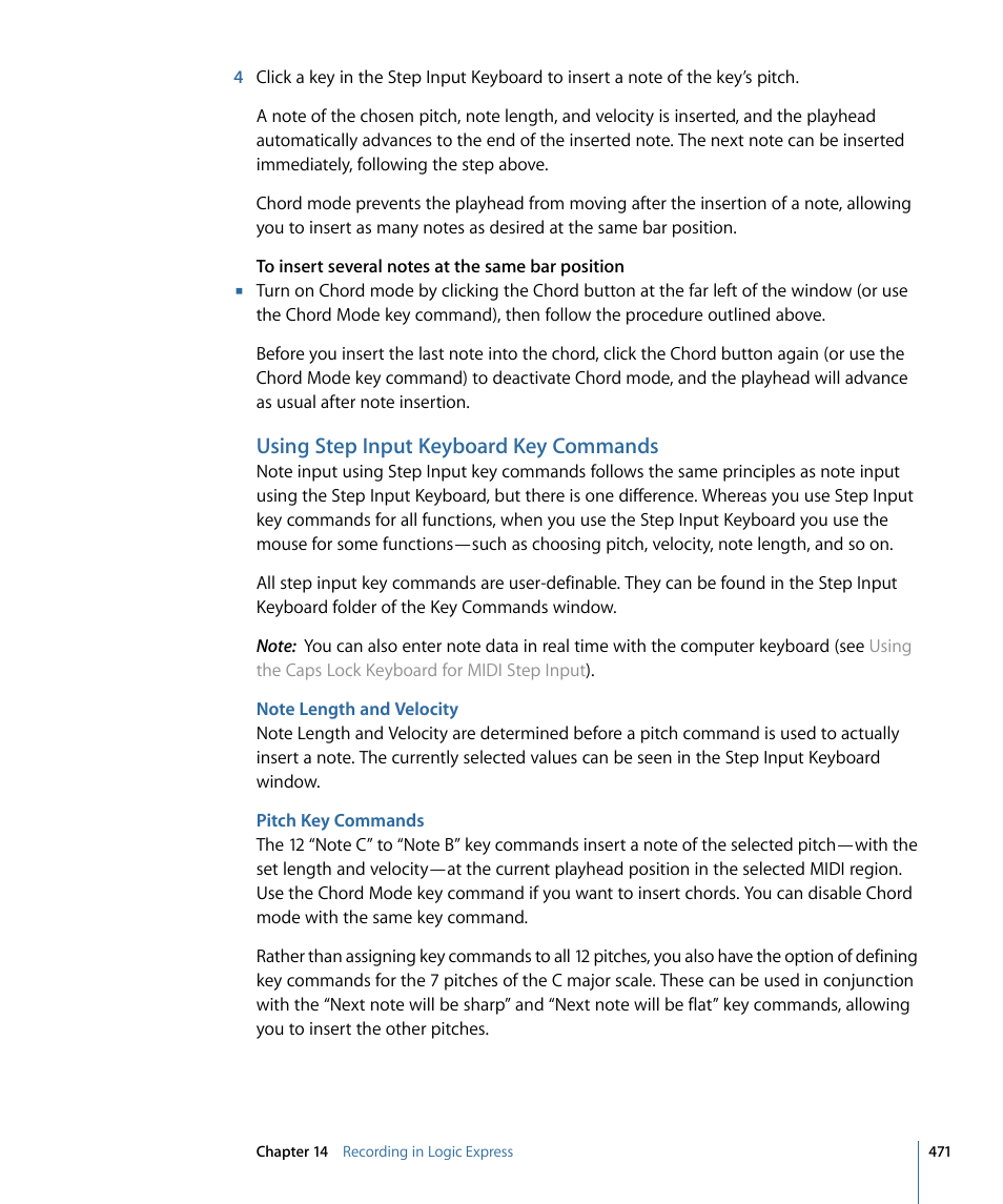 Using step input keyboard key commands, Note length and velocity, Pitch key commands | Apple Logic Express 9 User Manual | Page 471 / 1294