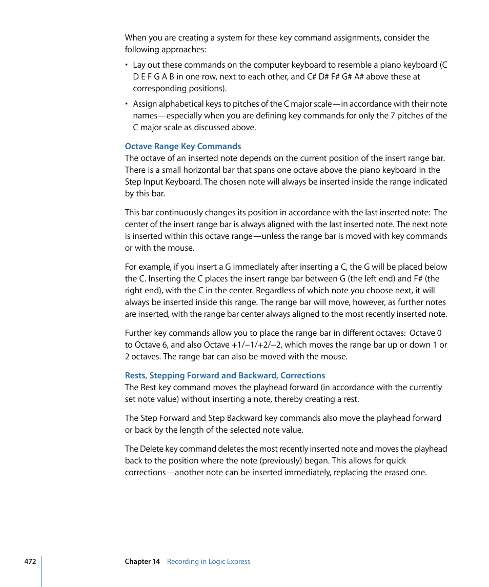 Octave range key commands, Rests, stepping forward and backward, corrections | Apple Logic Express 9 User Manual | Page 472 / 1294