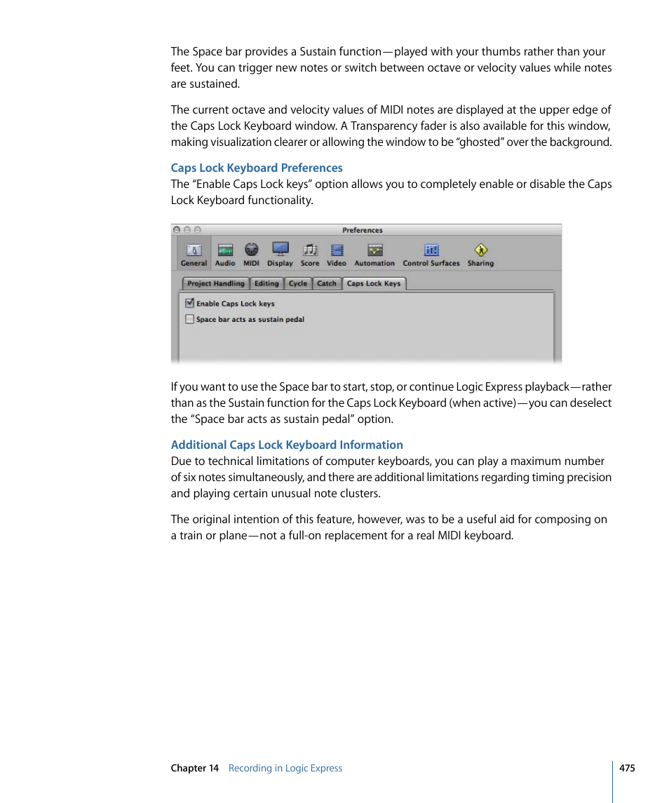 Caps lock keyboard preferences, Additional caps lock keyboard information | Apple Logic Express 9 User Manual | Page 475 / 1294