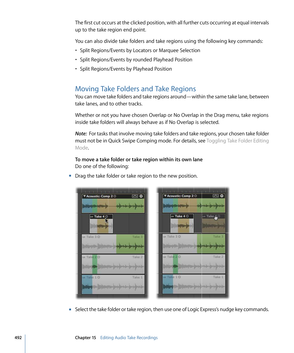 Moving take folders and take regions | Apple Logic Express 9 User Manual | Page 492 / 1294