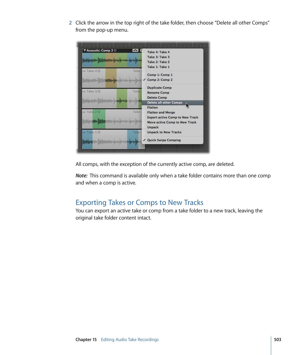 Exporting takes or comps to new tracks | Apple Logic Express 9 User Manual | Page 503 / 1294