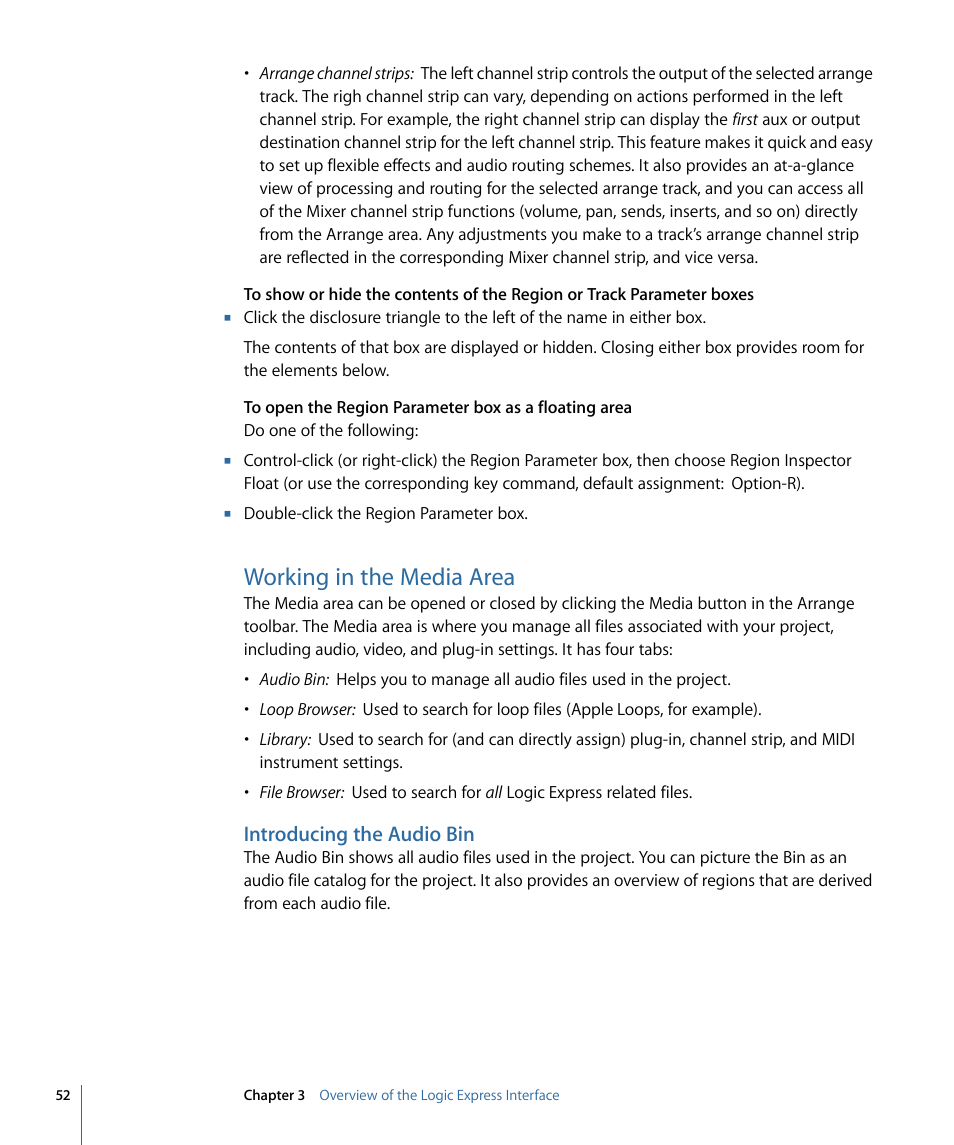 Working in the media area, Introducing the audio bin | Apple Logic Express 9 User Manual | Page 52 / 1294