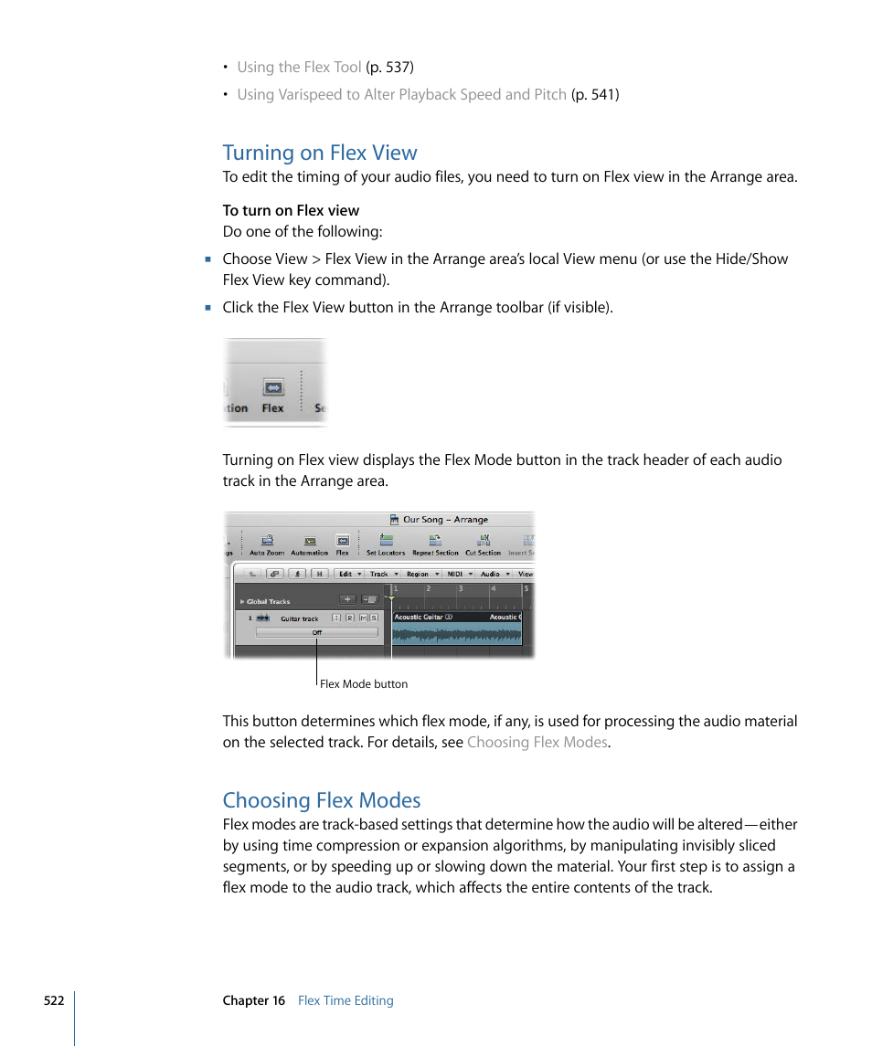 Turning on flex view, Choosing flex modes | Apple Logic Express 9 User Manual | Page 522 / 1294