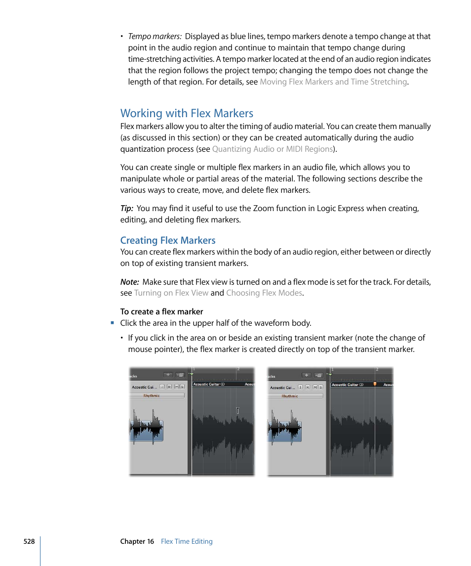 Working with flex markers, Creating flex markers | Apple Logic Express 9 User Manual | Page 528 / 1294