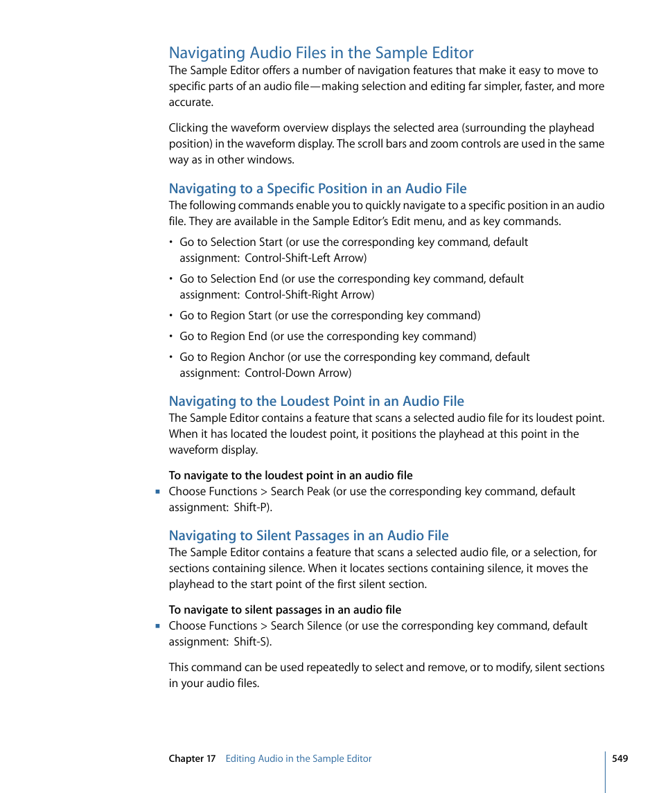 Navigating audio files in the sample editor, Navigating to a specific position in an audio file, Navigating to the loudest point in an audio file | Navigating to silent passages in an audio file | Apple Logic Express 9 User Manual | Page 549 / 1294