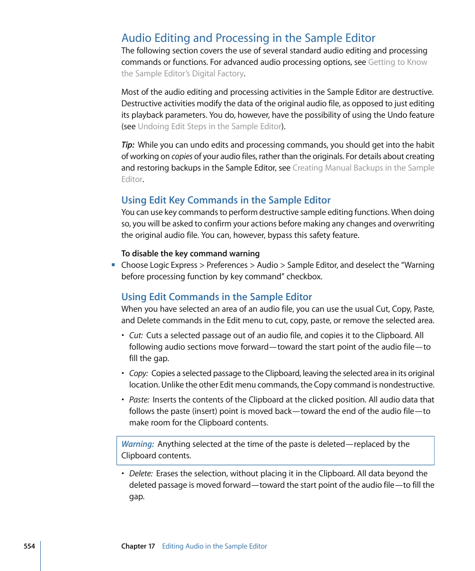 Audio editing and processing in the sample editor, Using edit key commands in the sample editor, Using edit commands in the sample editor | Apple Logic Express 9 User Manual | Page 554 / 1294