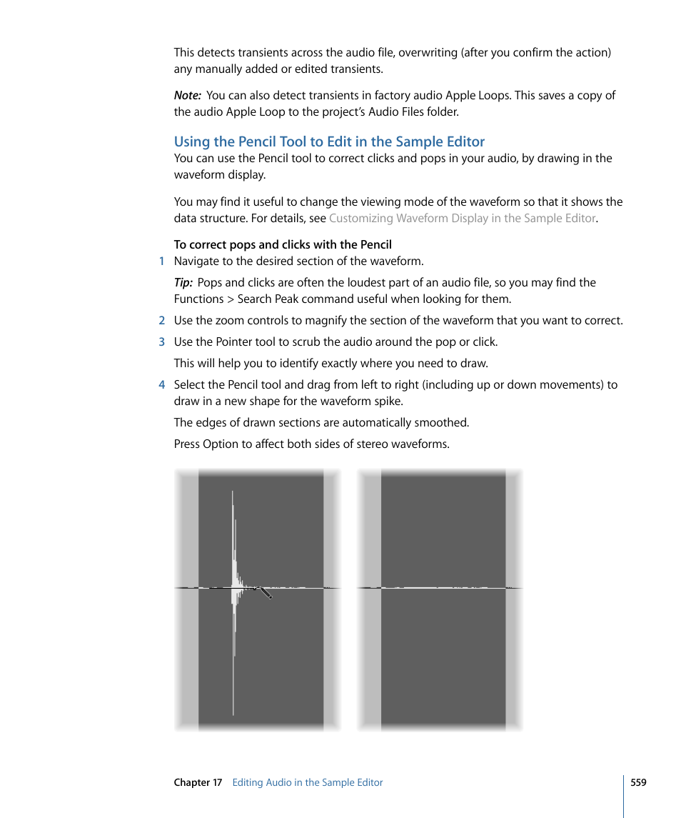 Using the pencil tool to edit in the sample editor | Apple Logic Express 9 User Manual | Page 559 / 1294