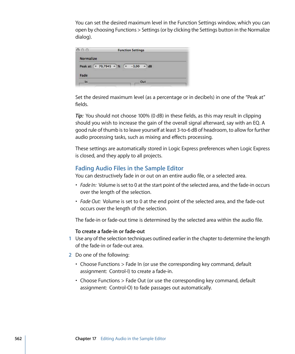 Fading audio files in the sample editor | Apple Logic Express 9 User Manual | Page 562 / 1294