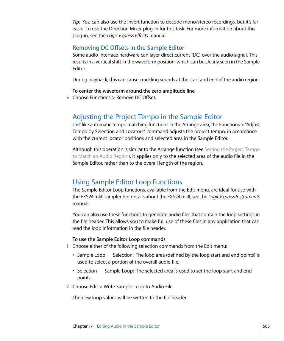 Removing dc offsets in the sample editor, Adjusting the project tempo in the sample editor, Using sample editor loop functions | Apple Logic Express 9 User Manual | Page 565 / 1294