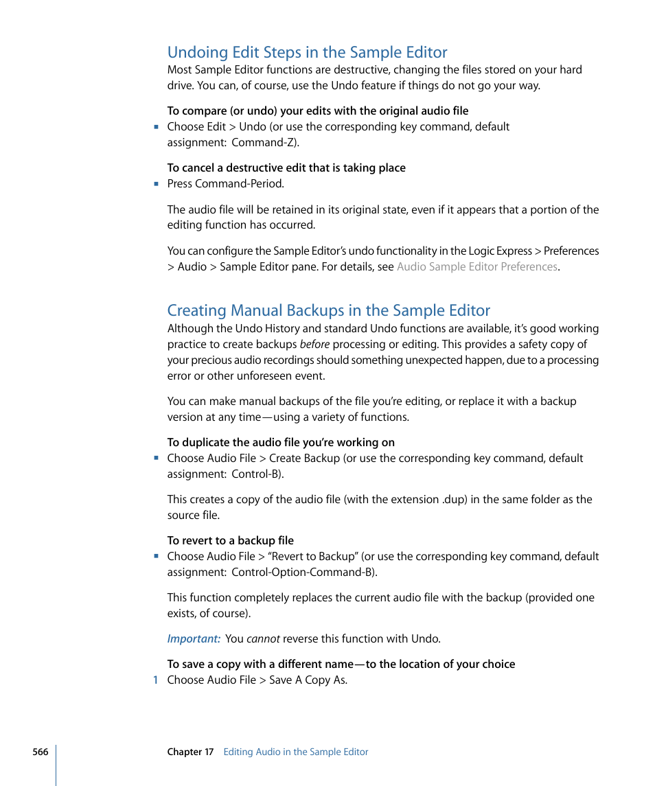 Undoing edit steps in the sample editor, Creating manual backups in the sample editor, Creating manual backups in the sample | Editor | Apple Logic Express 9 User Manual | Page 566 / 1294