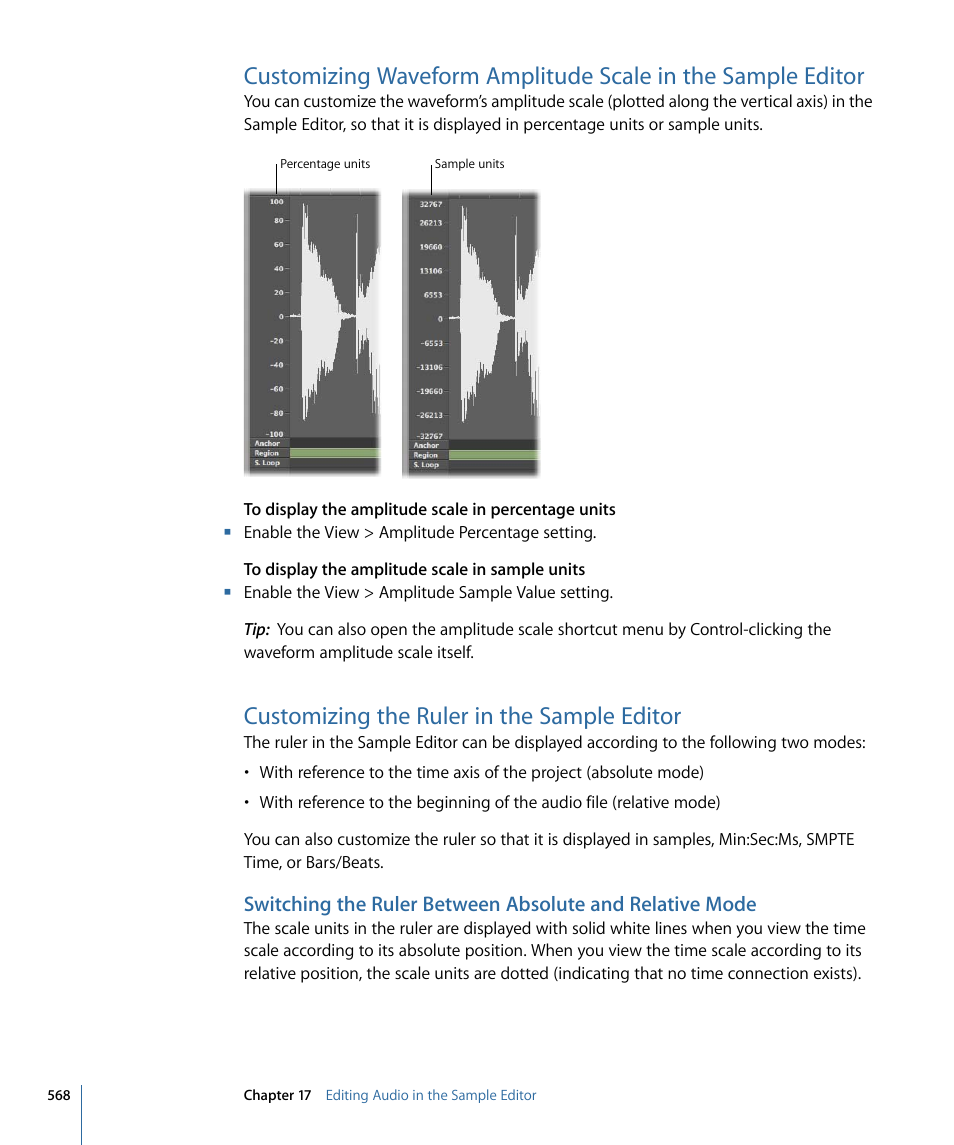 Customizing the ruler in the sample editor, Customizing the ruler in the sample, Editor | Apple Logic Express 9 User Manual | Page 568 / 1294