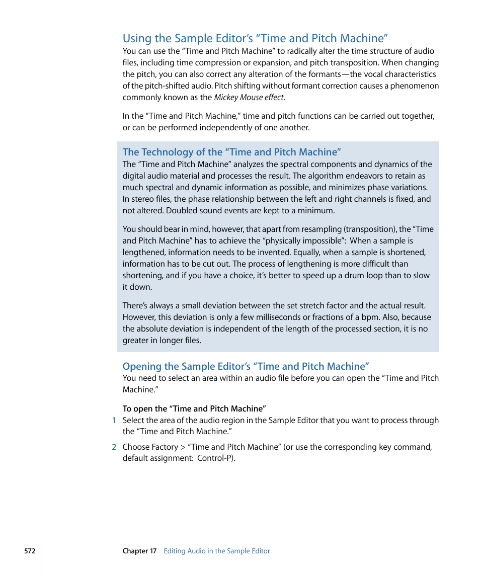 Using the sample editor’s “time and pitch machine, The technology of the “time and pitch machine | Apple Logic Express 9 User Manual | Page 572 / 1294