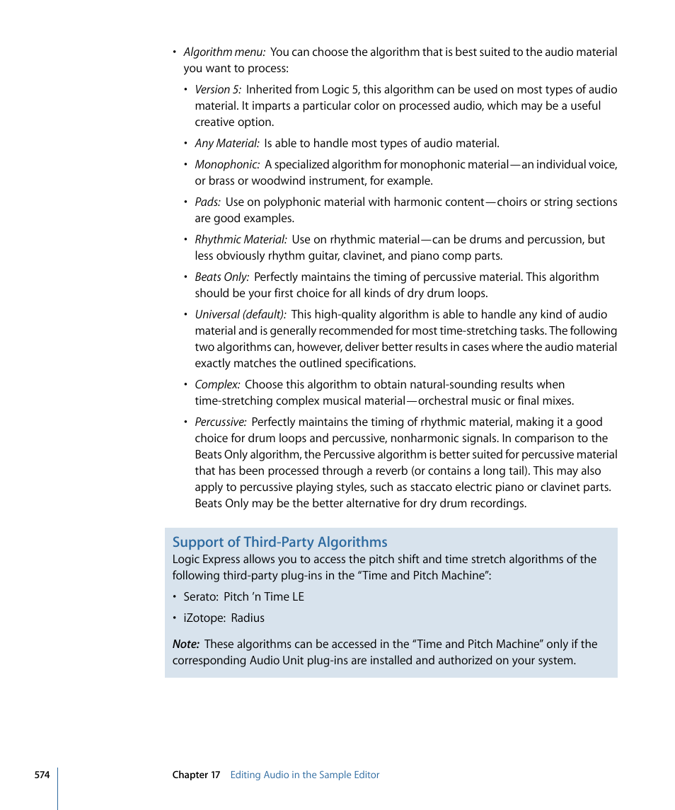 Support of third-party algorithms | Apple Logic Express 9 User Manual | Page 574 / 1294