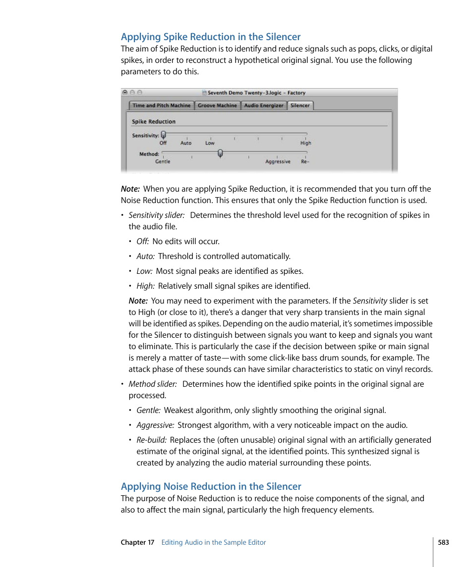 Applying spike reduction in the silencer, Applying noise reduction in the silencer | Apple Logic Express 9 User Manual | Page 583 / 1294