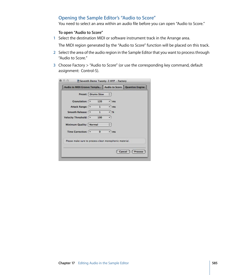 Opening the sample editor’s “audio to score | Apple Logic Express 9 User Manual | Page 585 / 1294