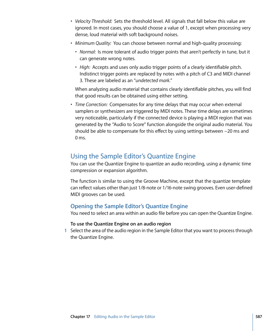 Using the sample editor’s quantize engine, Opening the sample editor’s quantize engine | Apple Logic Express 9 User Manual | Page 587 / 1294