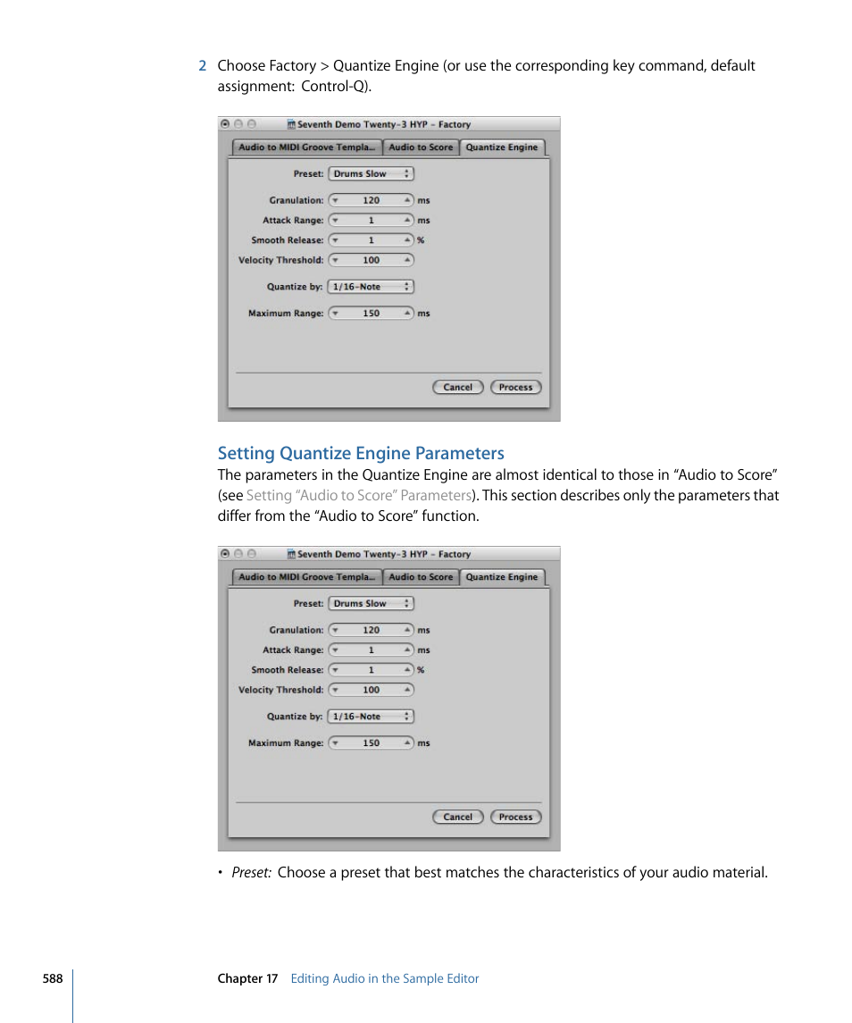 Setting quantize engine parameters | Apple Logic Express 9 User Manual | Page 588 / 1294