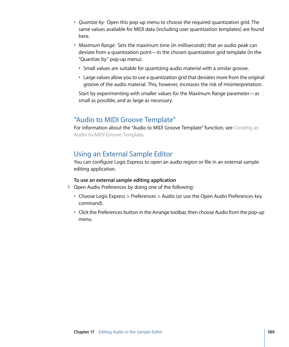 Audio to midi groove template, Using an external sample editor | Apple Logic Express 9 User Manual | Page 589 / 1294