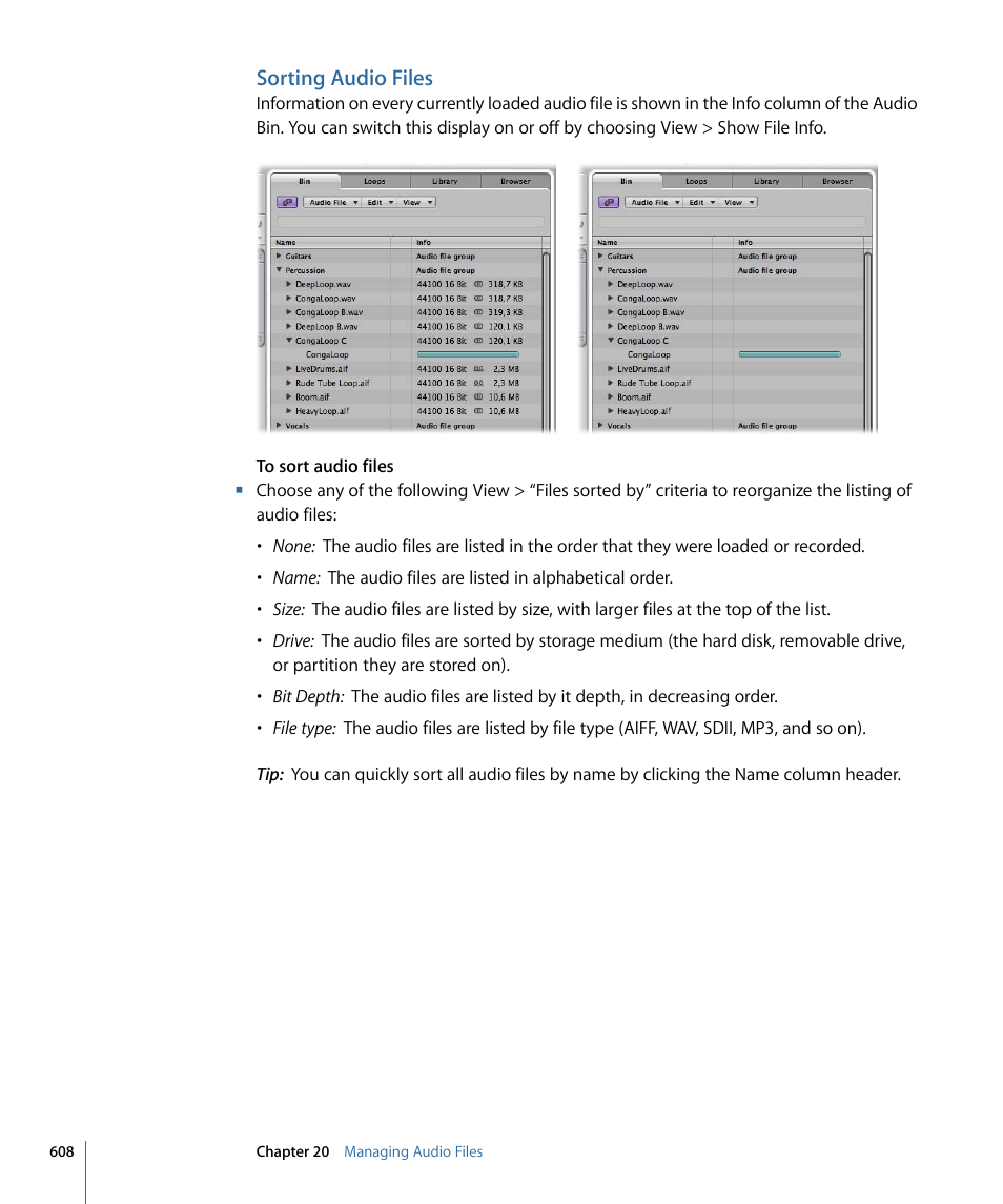 Sorting audio files | Apple Logic Express 9 User Manual | Page 608 / 1294