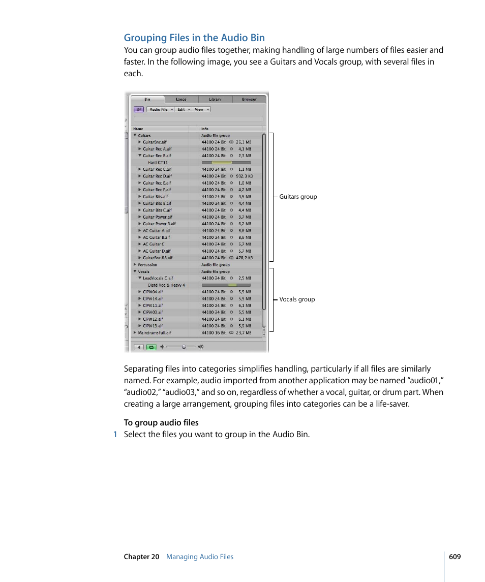 Grouping files in the audio bin | Apple Logic Express 9 User Manual | Page 609 / 1294
