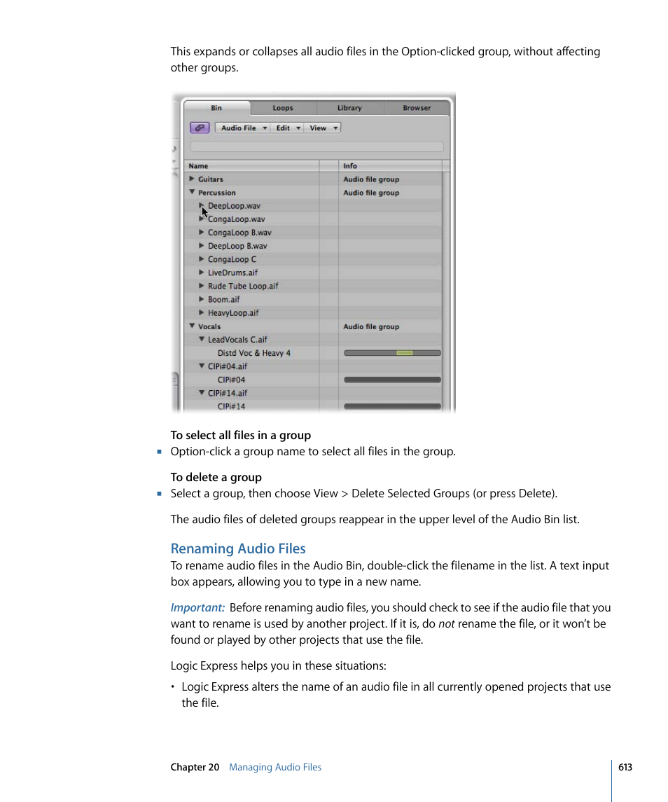 Renaming audio files | Apple Logic Express 9 User Manual | Page 613 / 1294