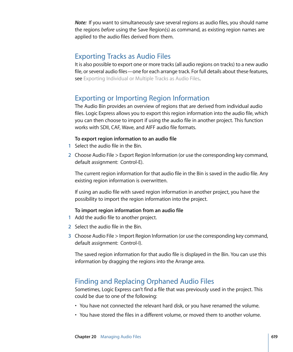 Exporting tracks as audio files, Exporting or importing region information, Finding and replacing orphaned audio files | Apple Logic Express 9 User Manual | Page 619 / 1294
