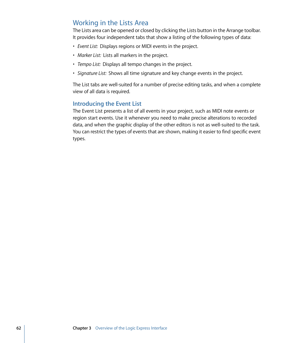 Working in the lists area, Introducing the event list | Apple Logic Express 9 User Manual | Page 62 / 1294