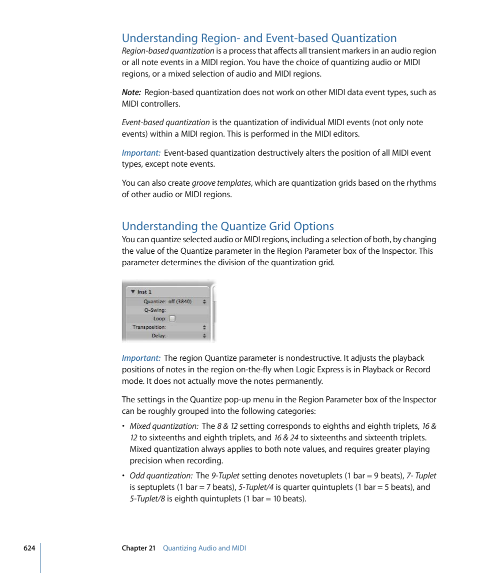 Understanding region- and event-based quantization, Understanding the quantize grid options | Apple Logic Express 9 User Manual | Page 624 / 1294