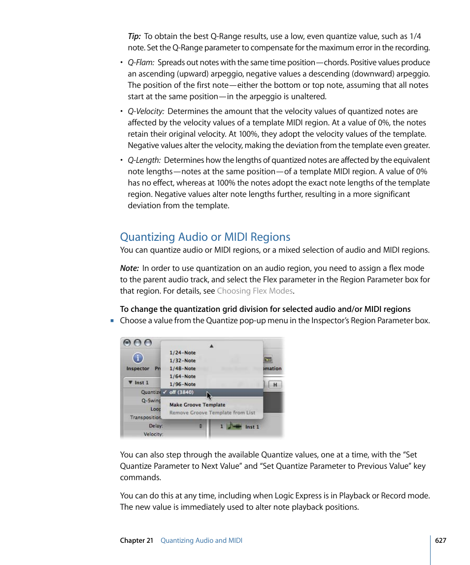 Quantizing audio or midi regions | Apple Logic Express 9 User Manual | Page 627 / 1294