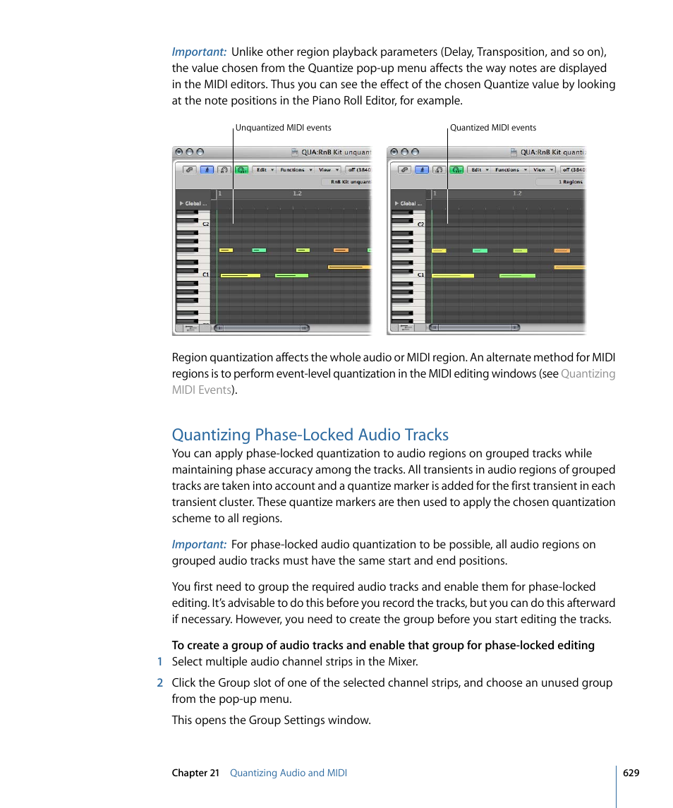 Quantizing phase-locked audio tracks | Apple Logic Express 9 User Manual | Page 629 / 1294