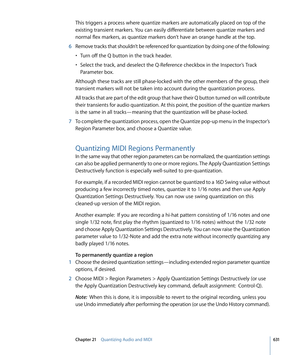Quantizing midi regions permanently | Apple Logic Express 9 User Manual | Page 631 / 1294