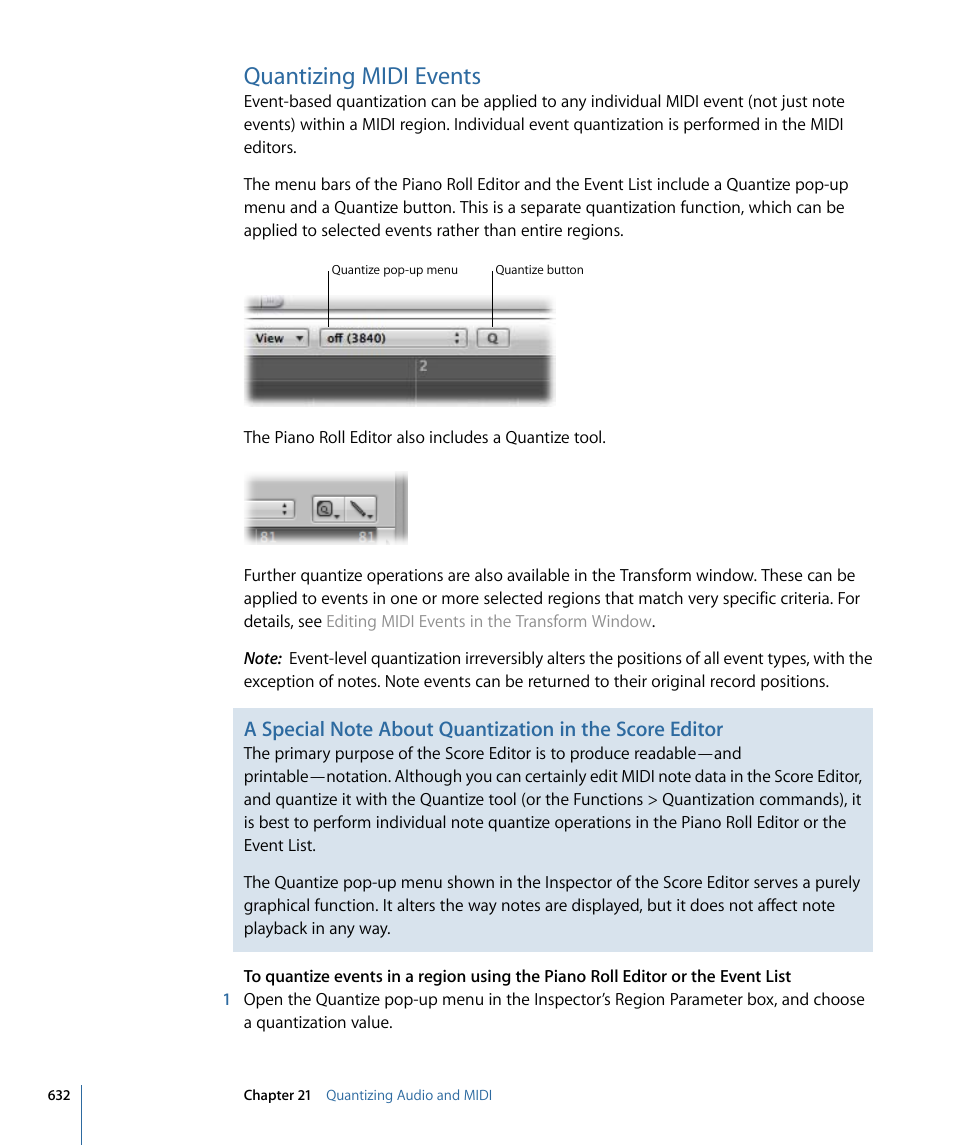 Quantizing midi events | Apple Logic Express 9 User Manual | Page 632 / 1294