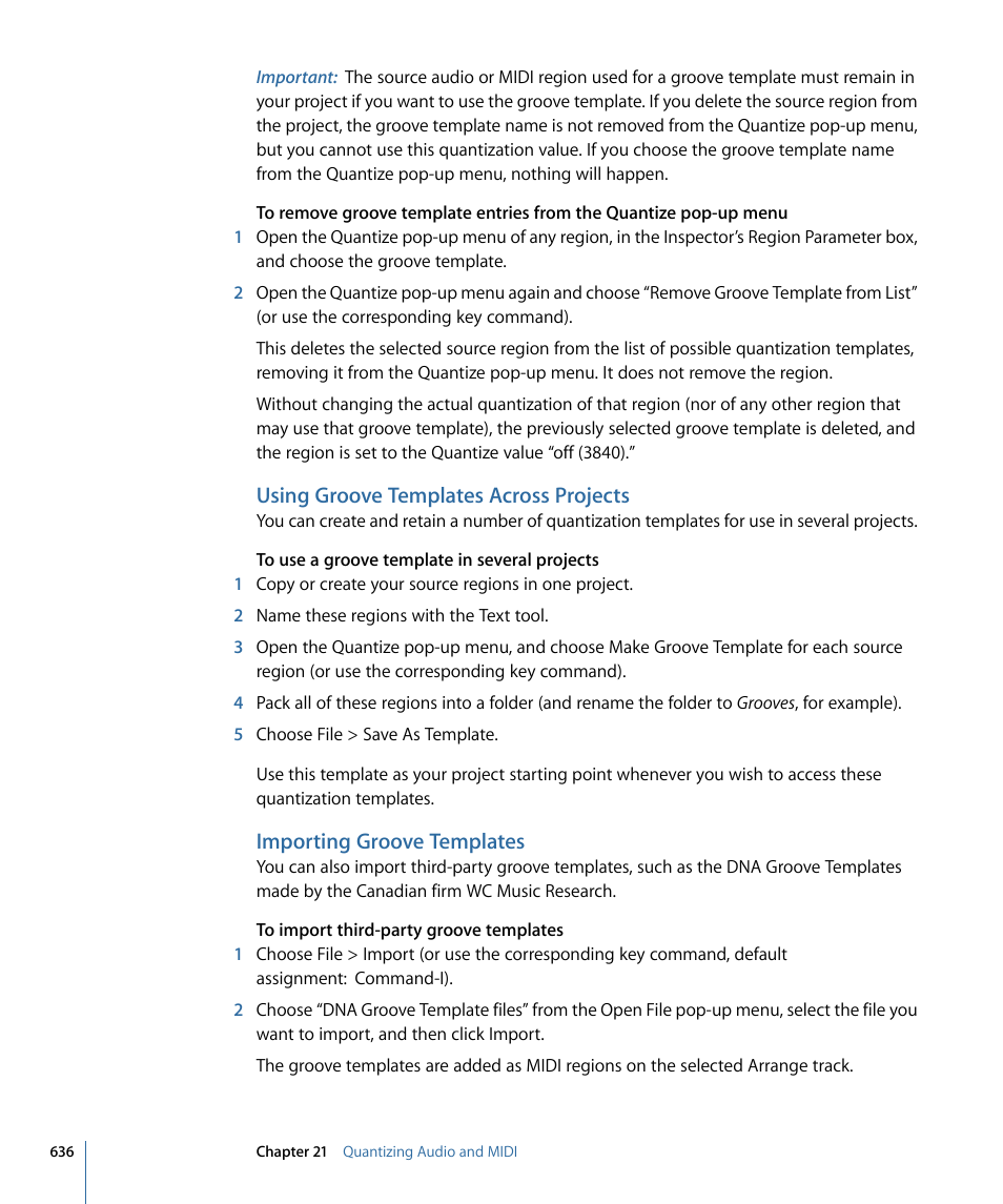 Using groove templates across projects, Importing groove templates | Apple Logic Express 9 User Manual | Page 636 / 1294