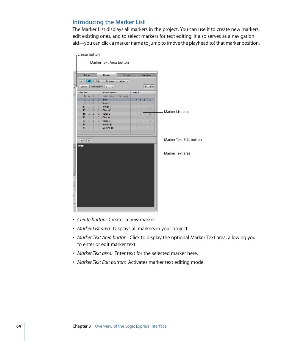 Introducing the marker list | Apple Logic Express 9 User Manual | Page 64 / 1294
