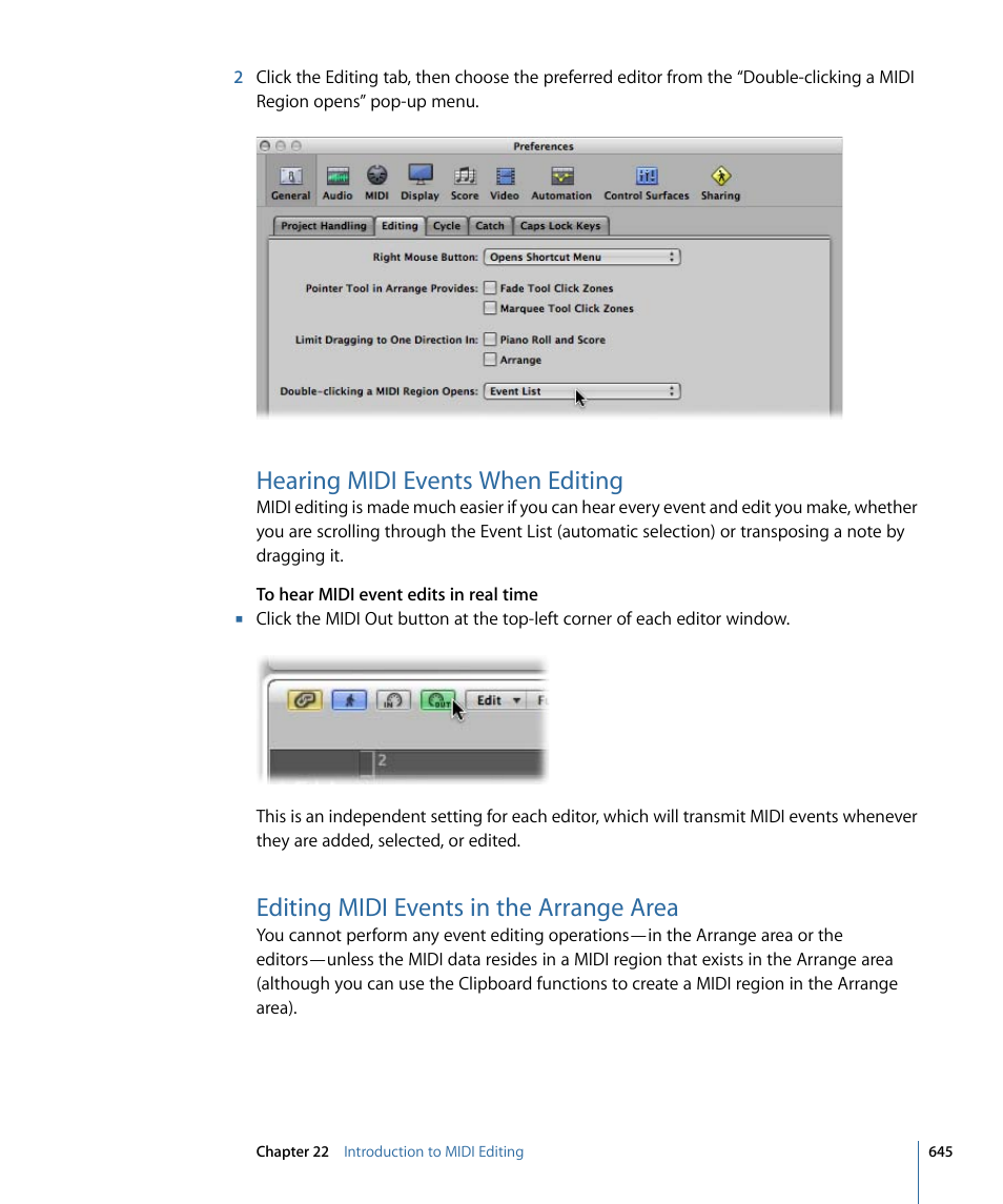 Hearing midi events when editing, Editing midi events in the arrange area | Apple Logic Express 9 User Manual | Page 645 / 1294