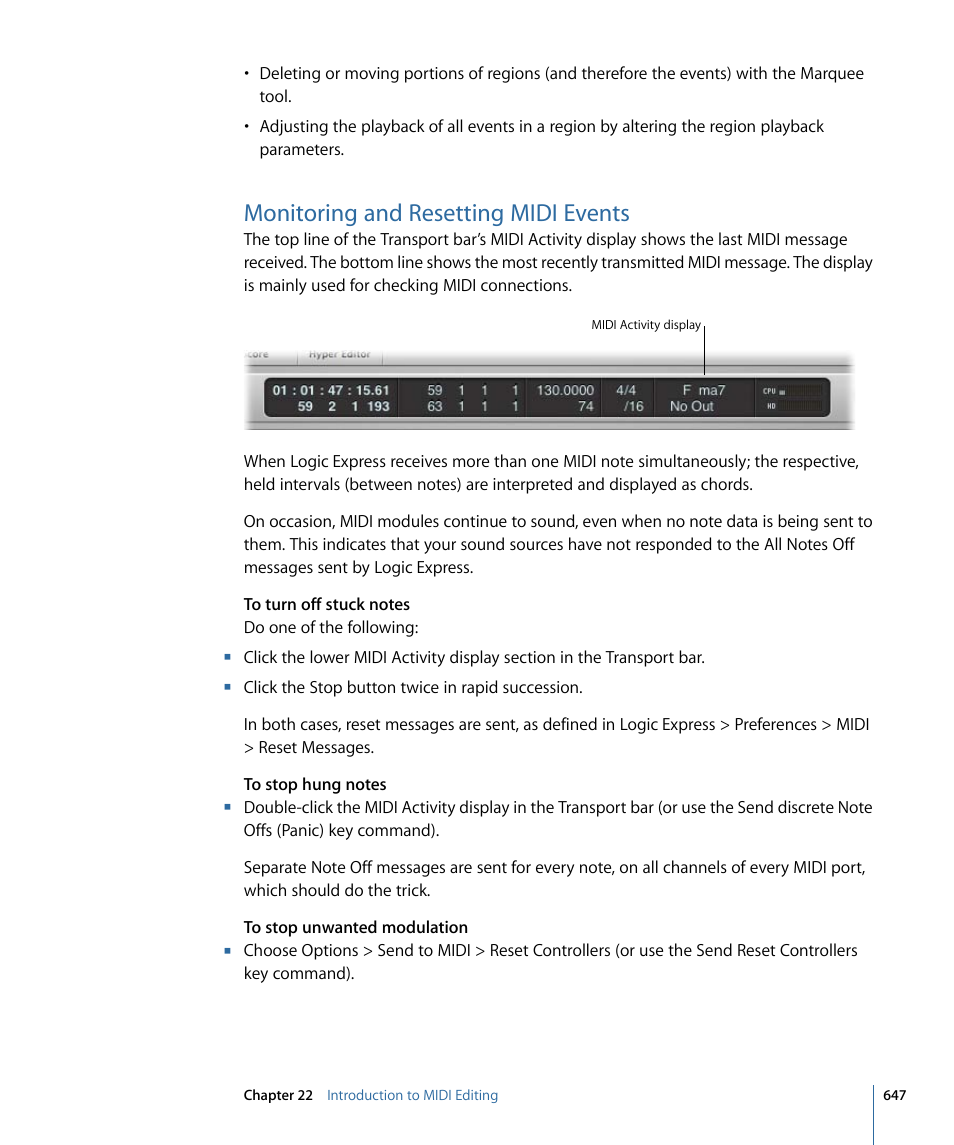 Monitoring and resetting midi events | Apple Logic Express 9 User Manual | Page 647 / 1294