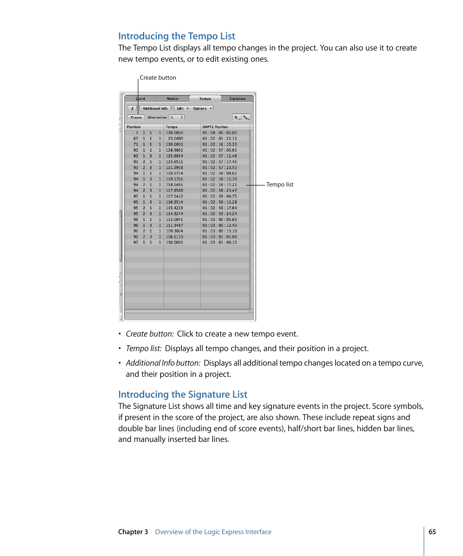 Introducing the tempo list, Introducing the signature list | Apple Logic Express 9 User Manual | Page 65 / 1294