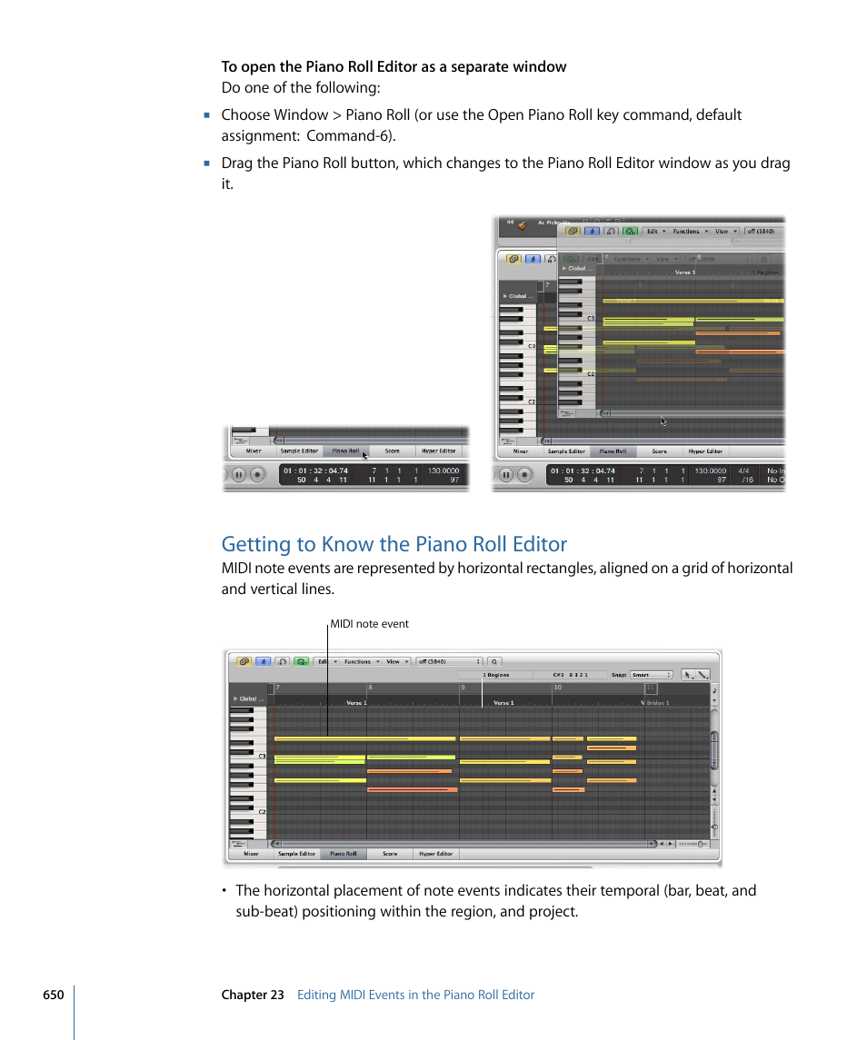 Getting to know the piano roll editor | Apple Logic Express 9 User Manual | Page 650 / 1294