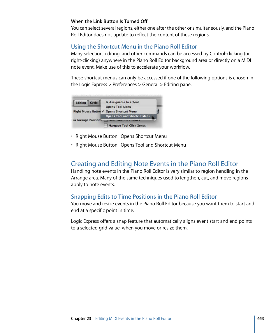 Using the shortcut menu in the piano roll editor | Apple Logic Express 9 User Manual | Page 653 / 1294