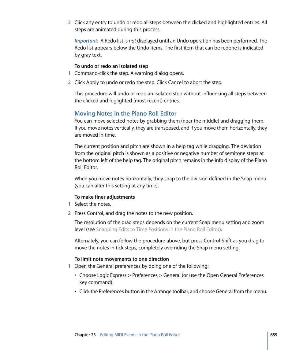 Moving notes in the piano roll editor | Apple Logic Express 9 User Manual | Page 659 / 1294