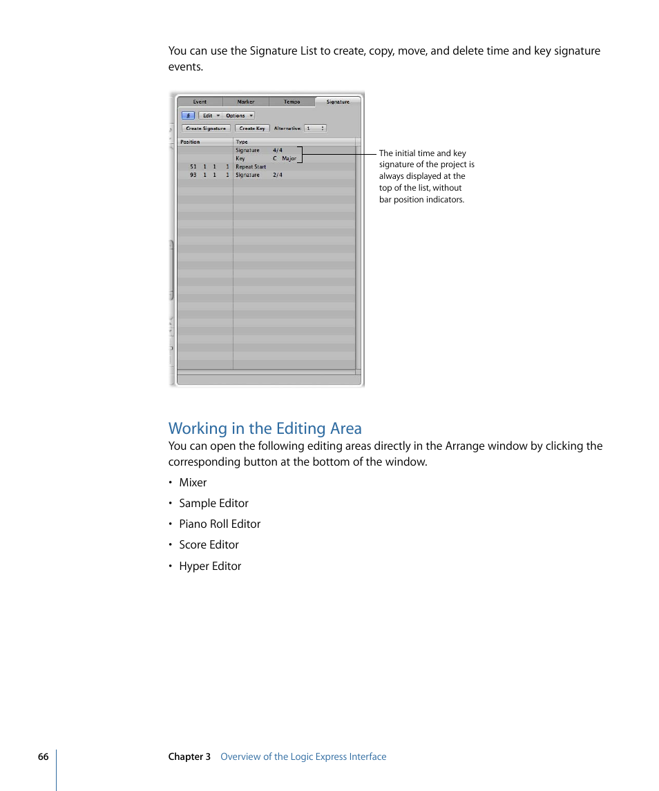 Working in the editing area | Apple Logic Express 9 User Manual | Page 66 / 1294