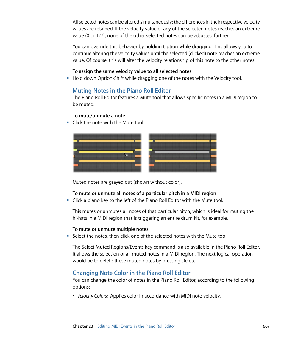 Muting notes in the piano roll editor, Changing note color in the piano roll editor | Apple Logic Express 9 User Manual | Page 667 / 1294
