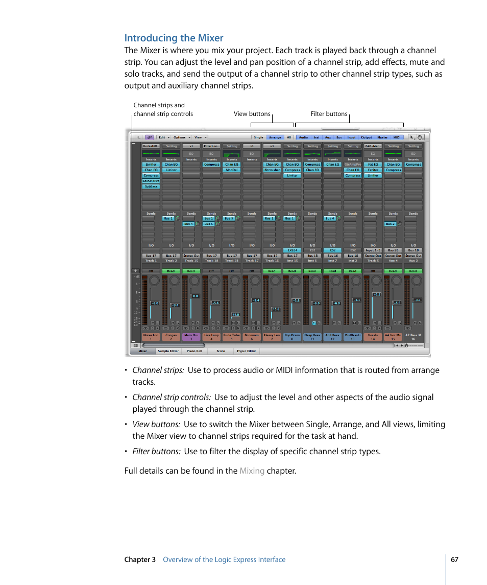 Introducing the mixer | Apple Logic Express 9 User Manual | Page 67 / 1294